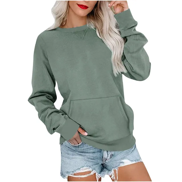 Women's Pin Solid Color Round Neck Loose Long sleeved Sweater Grass Green - Shop at LoveMi