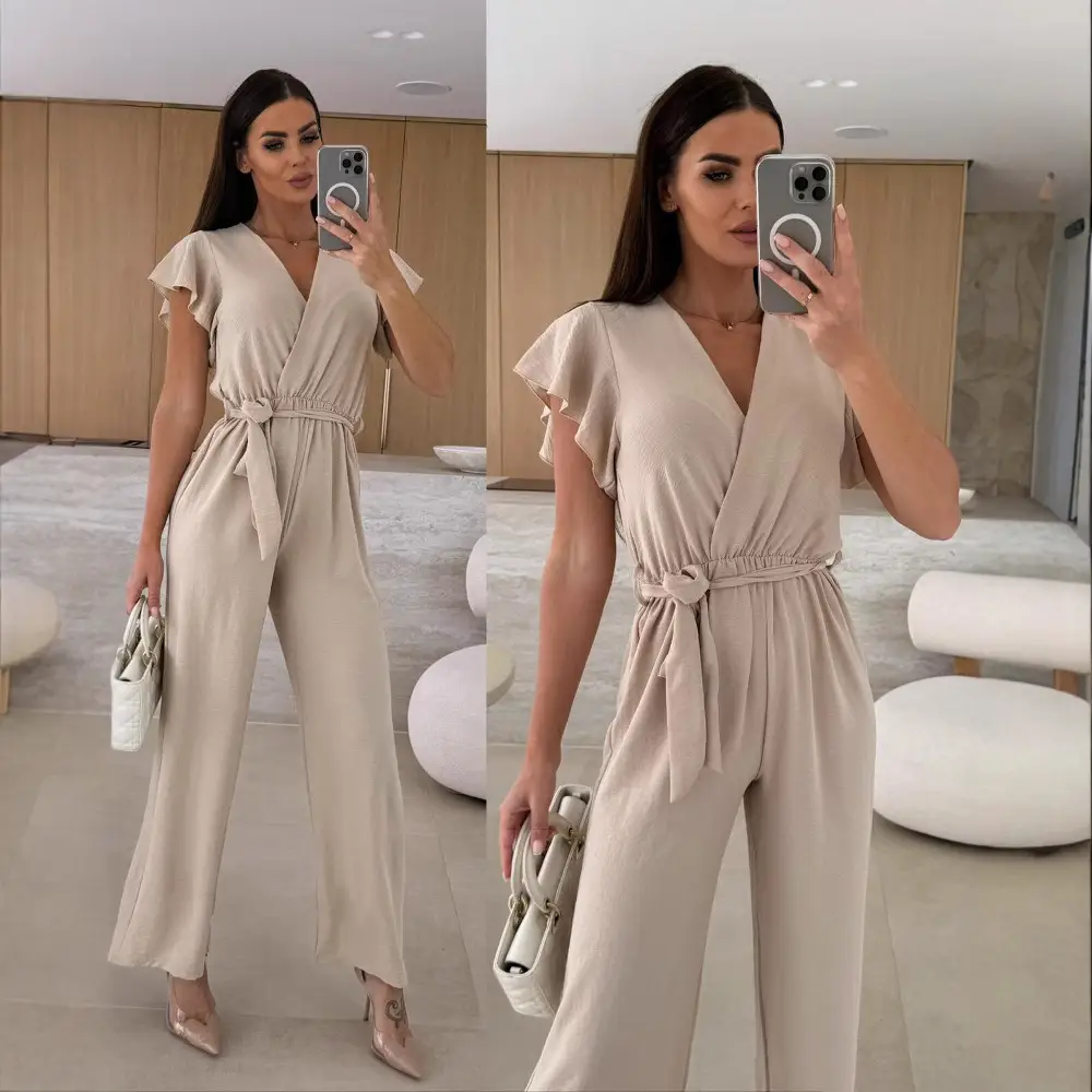 V-neck Lace-up Nipped Waist Trousers Jumpsuit