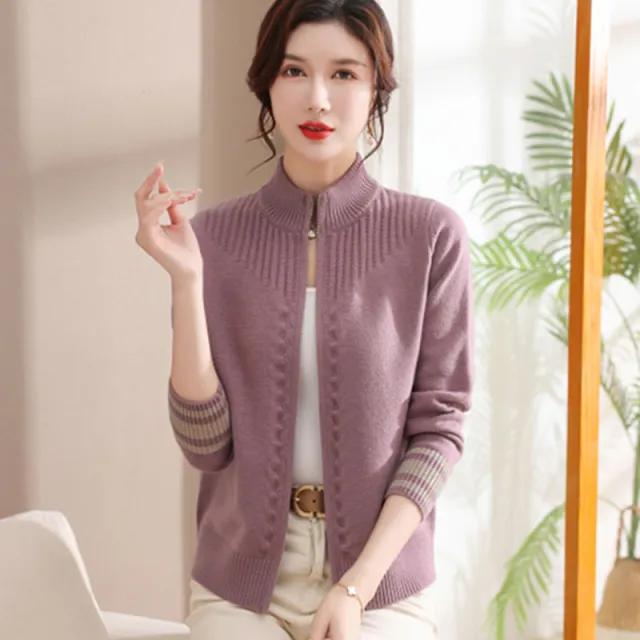 Stand Collar Zipper Wool Cardigan Coat For Women Purple - Shop at LoveMi