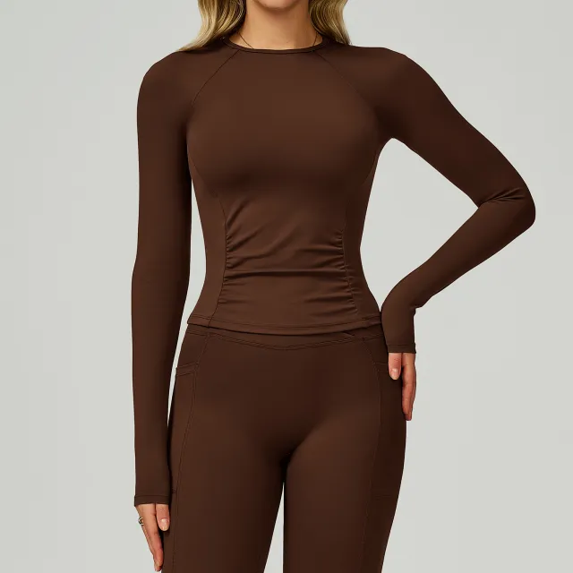 Outdoor Running Workout Long Sleeve Slim fitting Belly Contracting High grade Sports Top Brown - Shop at LoveMi