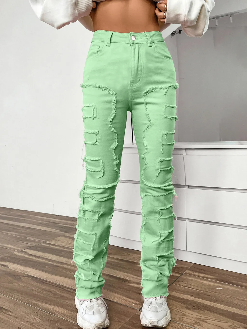 Women's Embroidered Straight-leg Pants Fashion I Stretch Patchwork Jeans - Light Green
