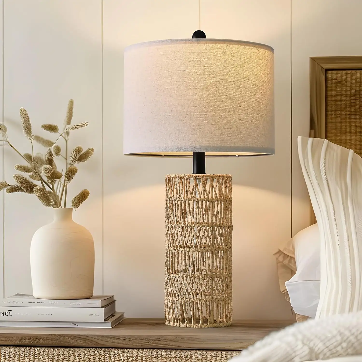 Handwoven Rattan Mushroom Table Lamp Vintage Bohemian