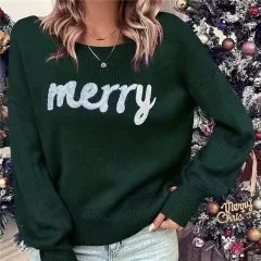 Knitted Women Crew Neck Sweater Loose Pullover Female Jumper Elegant Spring Warm Spring New Year Trendy Christmas Sweater - Green - View 1