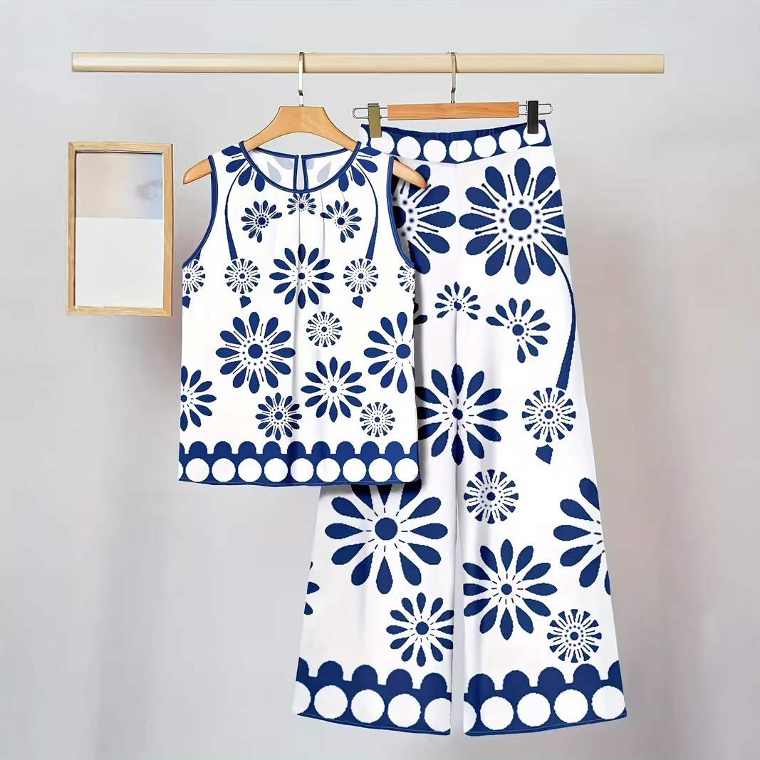 Womens Sleeveless Irregular Tank Top And Pants Fashionable Printed Two-Piece Set