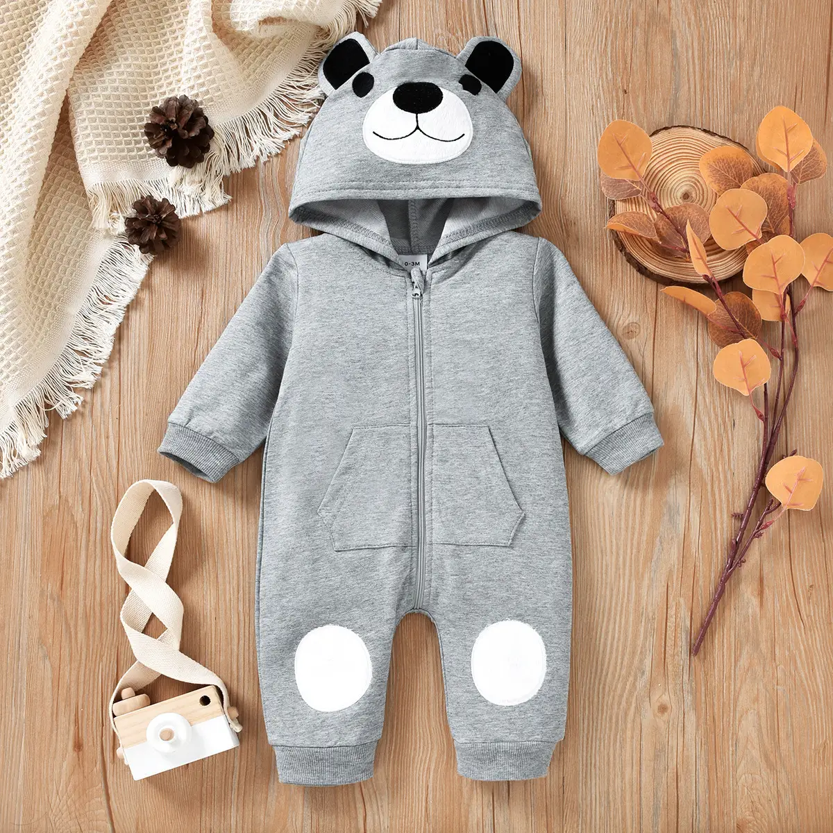 Baby Boys And Girls Bear Head Hooded Long Leg Romper