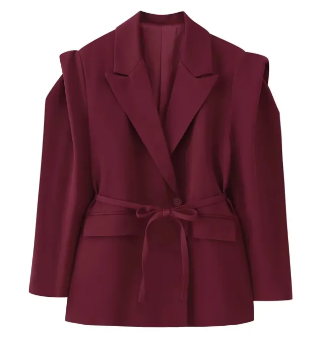 Women's Waist controlled Lace up Padded Shoulder Blazer Wine Red - Shop at LoveMi
