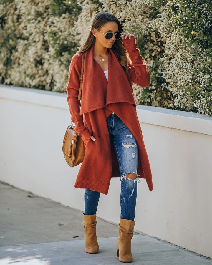 Plus Size Women's Long Fashion Temperament OL OL Knitted Coat Rust Red - Shop at LoveMi