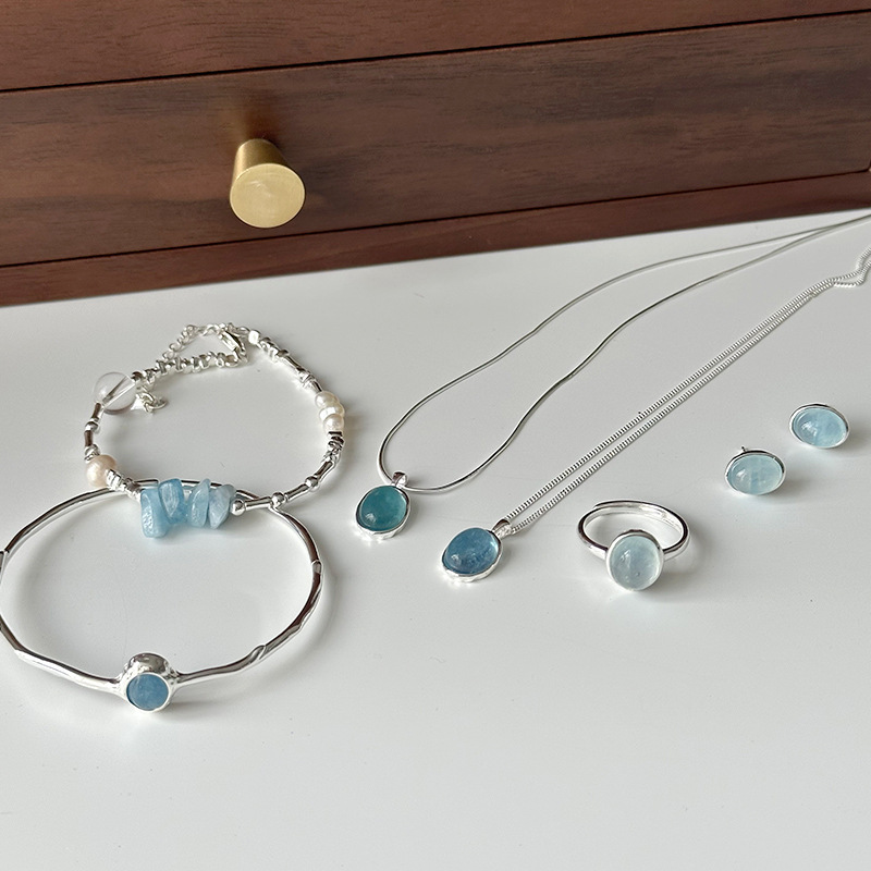 Aquamarine Silver Combination Women's Inlaid Natural Stone Series All-match Silver Necklace Bracelet