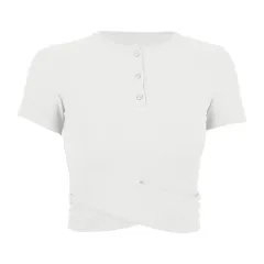 Modal Sports T-shirt Button Round Neck Cross Hem Short Sleeve - Ivory White - View 1