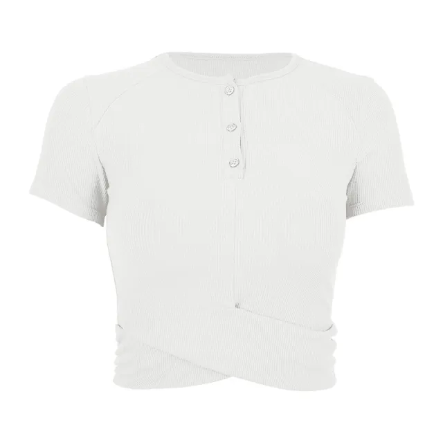 Modal Sports T shirt Button Round Neck Cross Hem Short Sleeve Ivory White - Shop at LoveMi