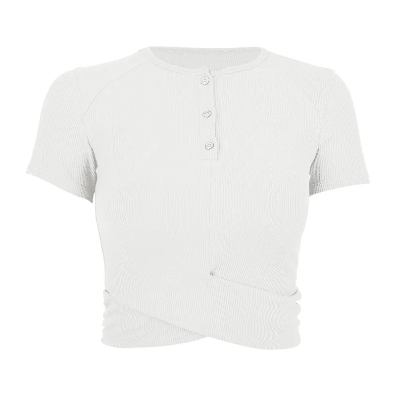 Modal Sports T-shirt Button Round Neck Cross Hem Short Sleeve - Ivory White