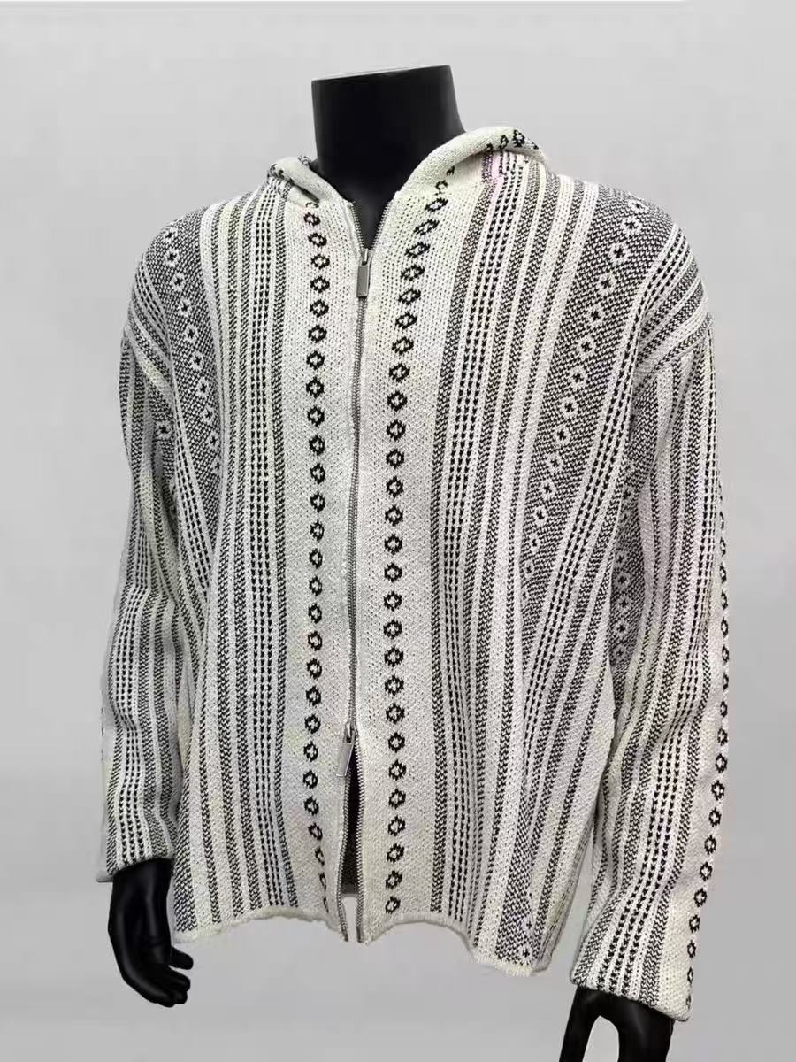 Men's Geometric Open-Knit Hooded Zip-Up Cardigan - mannequin front view showing knit pattern and zip