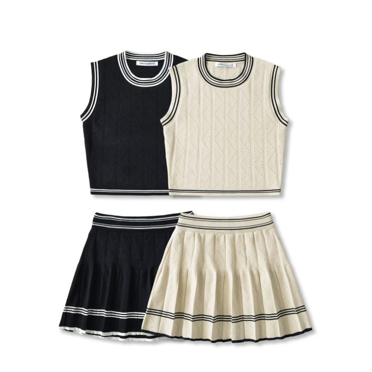 Women's American-style Contrast Color Striped Knitted Vest Skirt Casual Suit