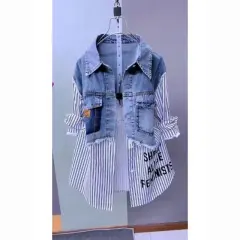 Striped Denim Coat Women's Design Niche Jacket Top - Denim Patchwork Stripes Shirt - View 1