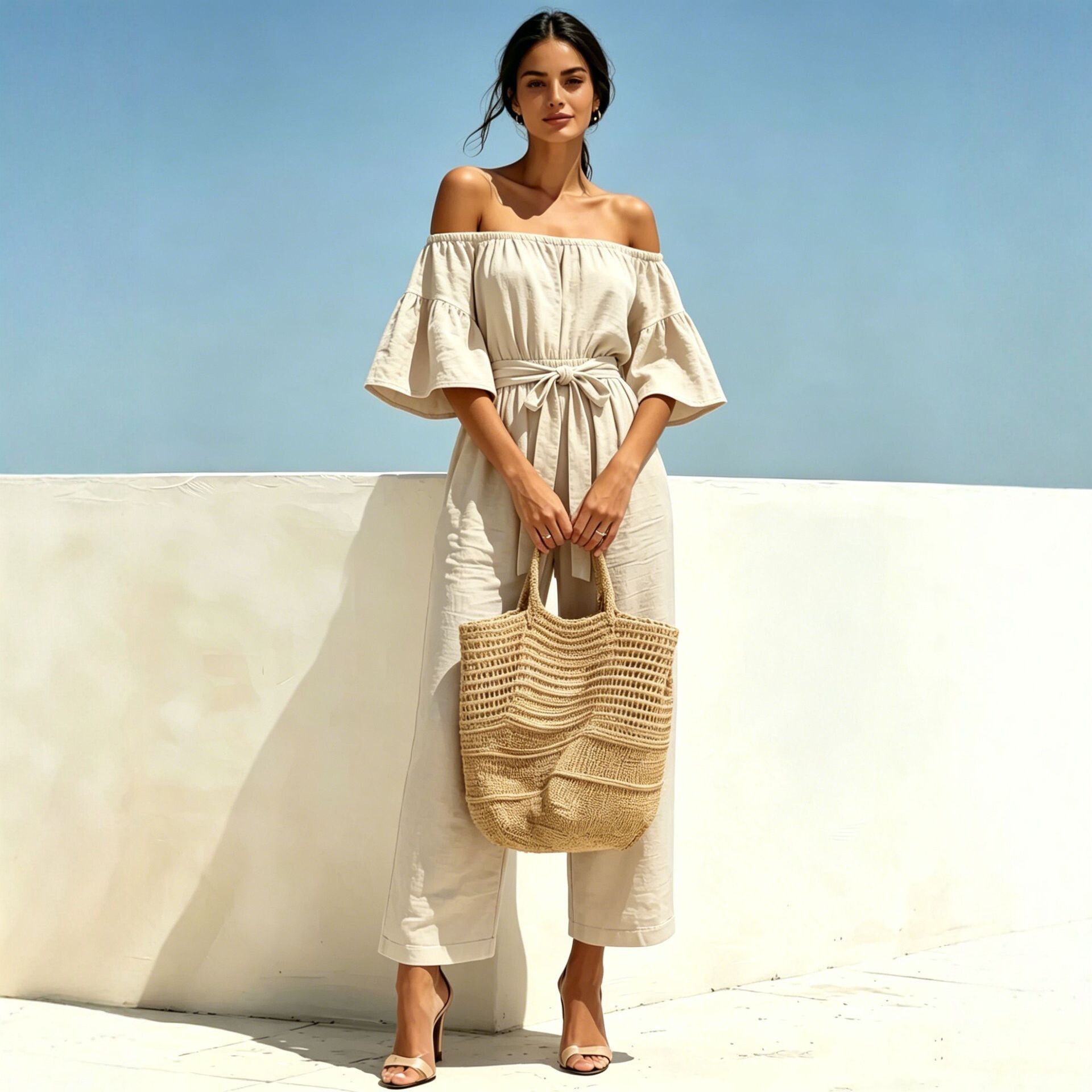 Womens Lace-Up Off-Shoulder Ruffle Jumpsuit