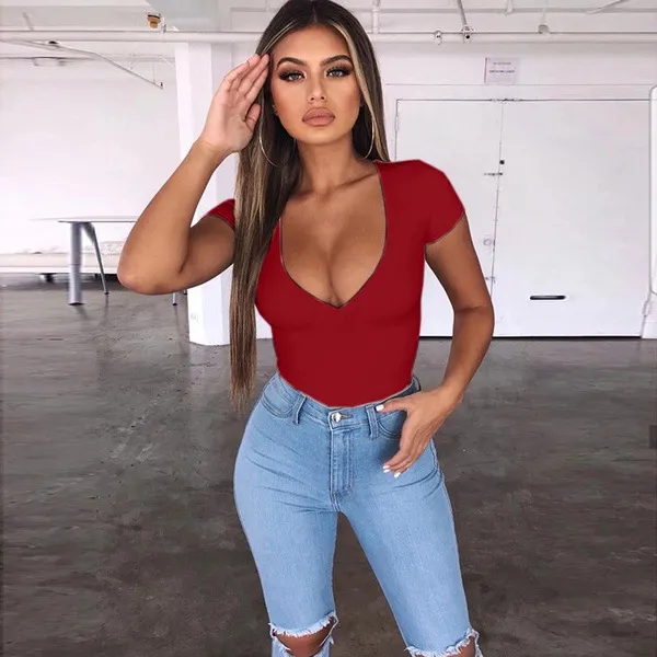 Fashion Casual Slim V neck Solid Color T shirt Red - Shop at LoveMi