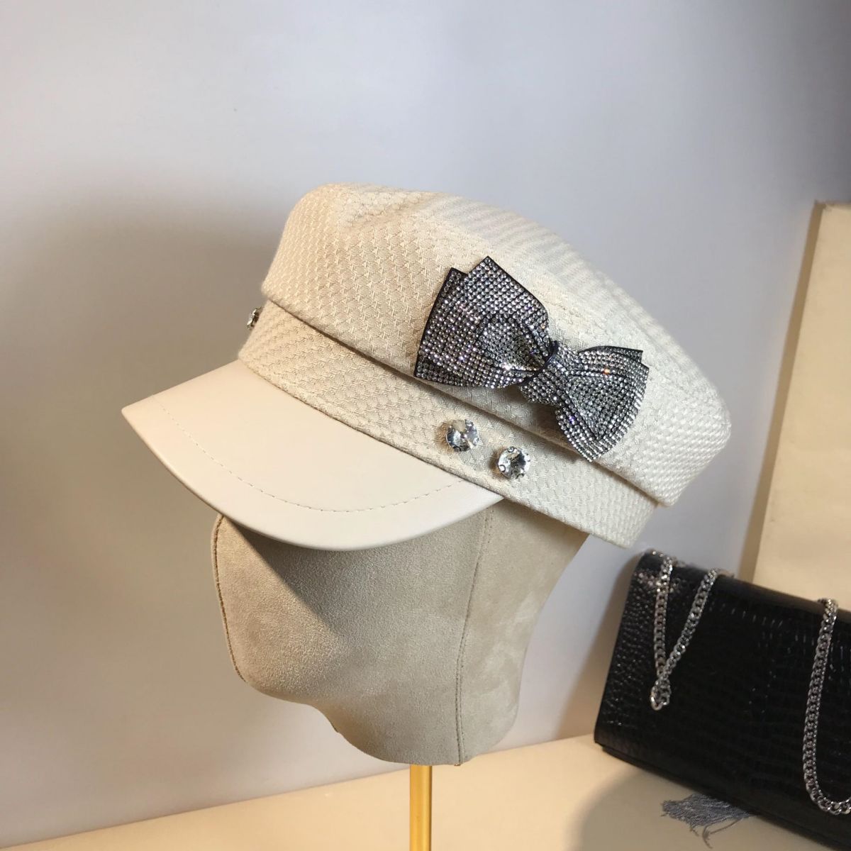 Splicing Socialite Flat Top Rhinestone Bow Navy Hat Female