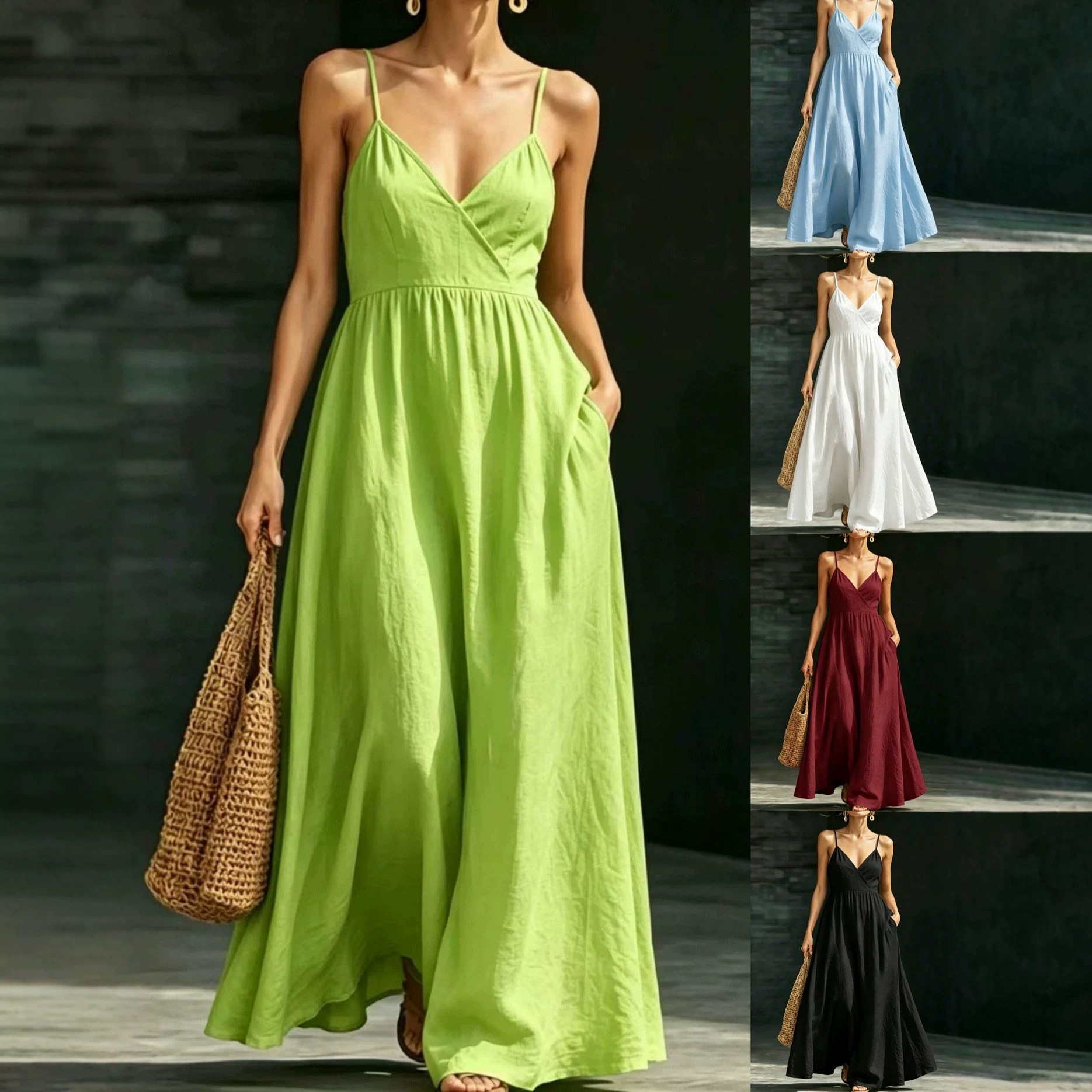 Womens V-neck Pocketed Strap Backless Dress