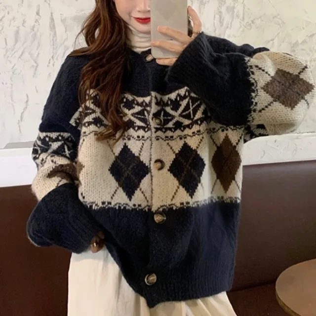 Retro Korean Type Loose Rhombus Student Thickened Sweater Coat Navy Blue - Shop at LoveMi