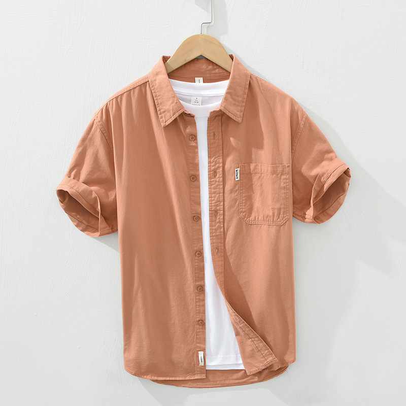 Mens Cotton Casual Short-sleeve Solid-color Shirt
