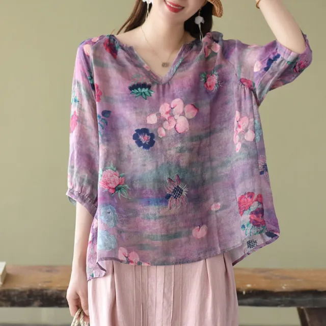 Digital Printing Plus Size Artistic Loose V neck Shirt Purple - Shop at LoveMi