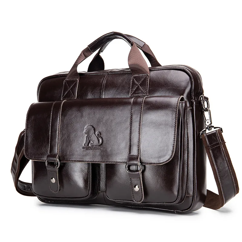 Cowhide Men's Briefcase Business Large Capacity Handbag - Brown