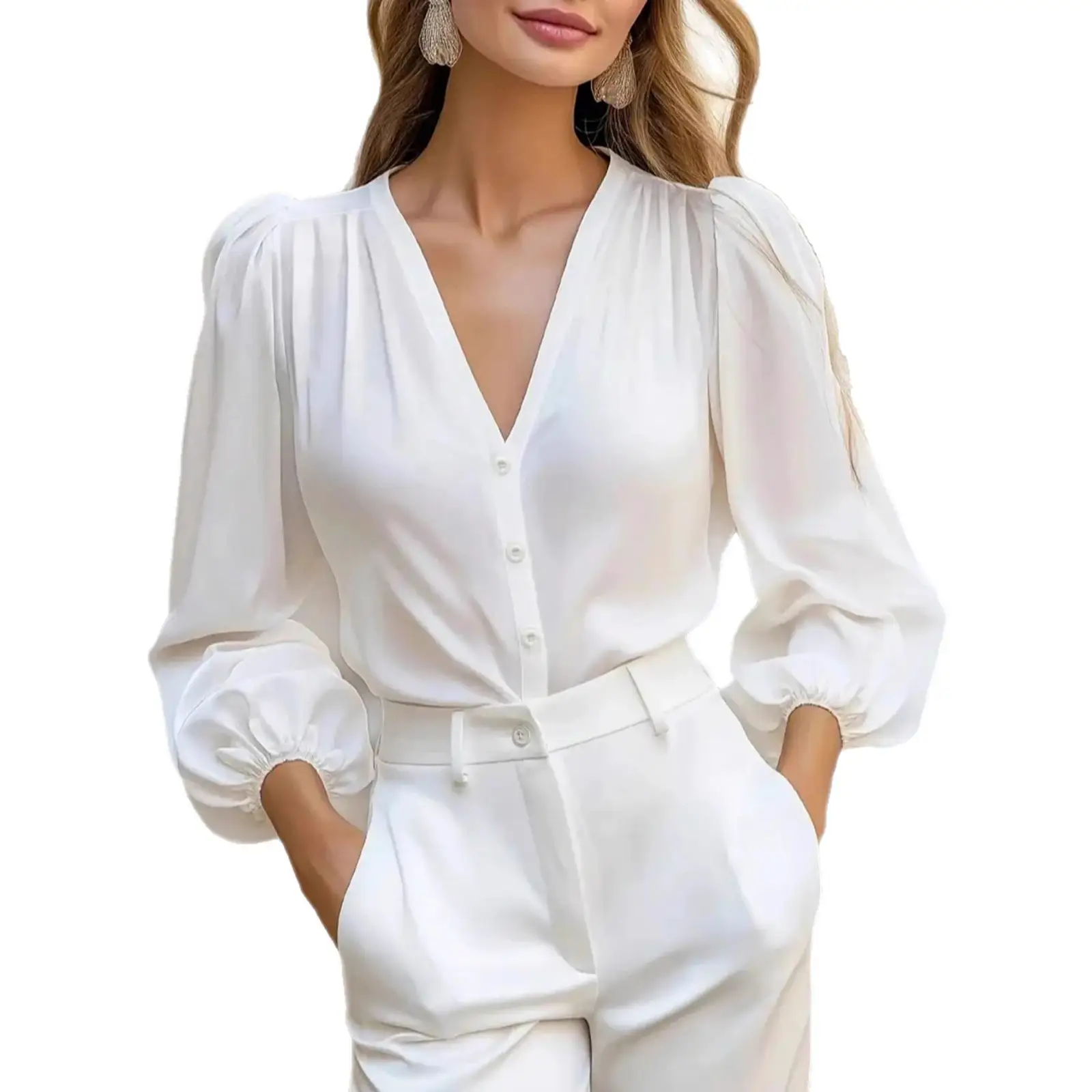 New OL-style Relaxed-fit Plus-size Chic Blouse Womens Long-sleeve Shirt