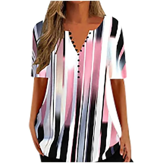 Women's Digital Printed V neck Button Short sleeved Top Trm06 M - Shop at LoveMi