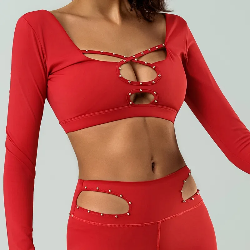 Workout Long Sleeve With Chest Pad High Elastic Quick-drying Sports High Waist Top - Red