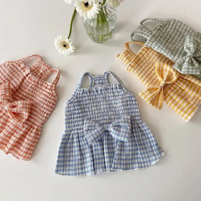 Spring And Summer Dog Bow Pleated Check Skirt Blue Plaid - Shop at LoveMi
