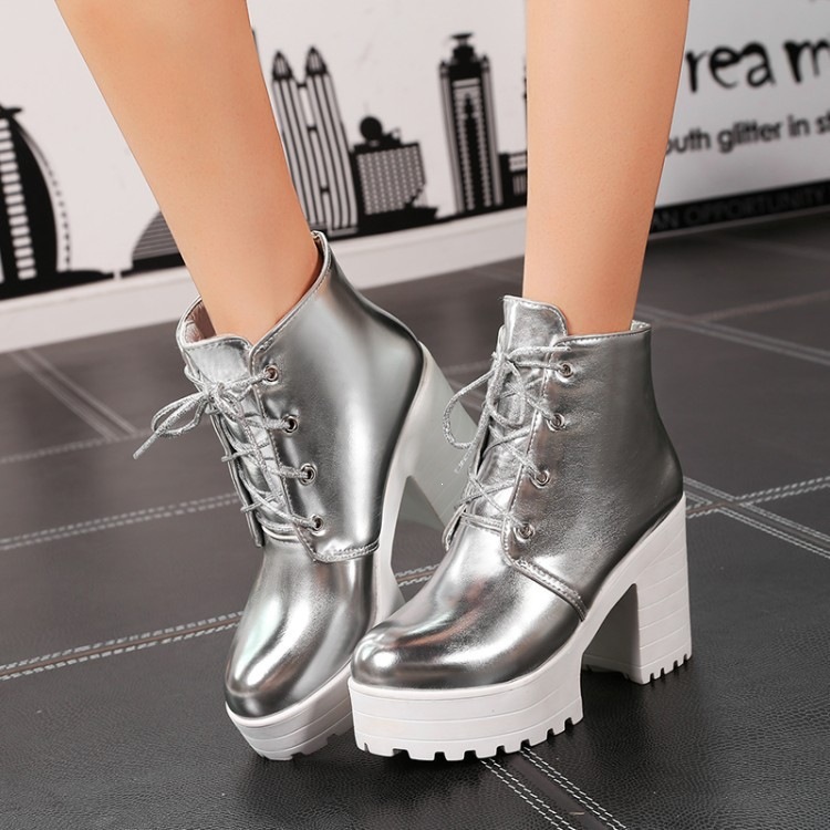 Women's Casual British Style Lace-Up Platform Chunky Heel Martin Boots