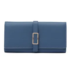 Long Metal Buckle Simple Tri-fold Clutch - Blue - View 1