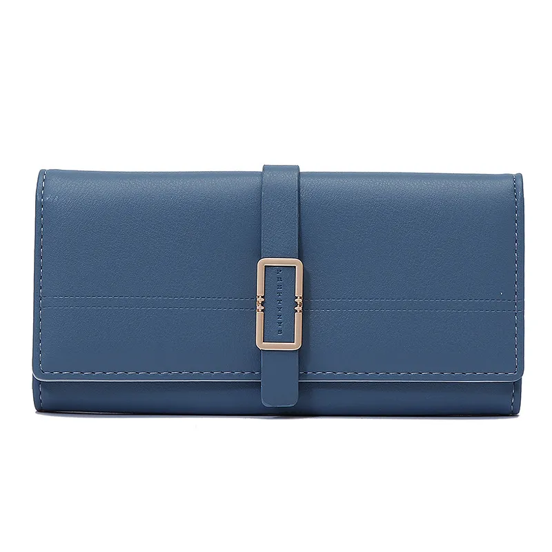 Long Metal Buckle Simple Tri-fold Clutch - Blue