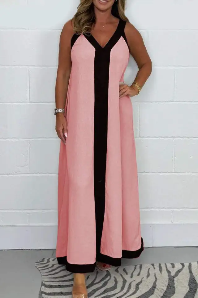 Casual Loose Contrast Color V neck Sleeveless Long Dress Pink - Shop at LoveMi