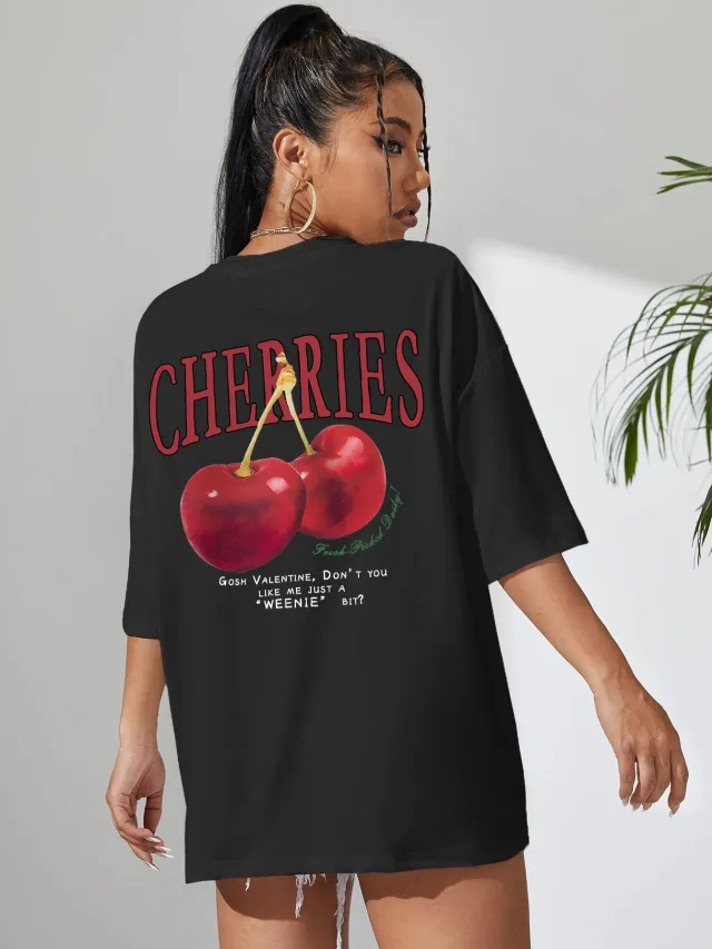Cotton Women T shirt Red Cherries Printed Tees Summer Black - Shop at LoveMi
