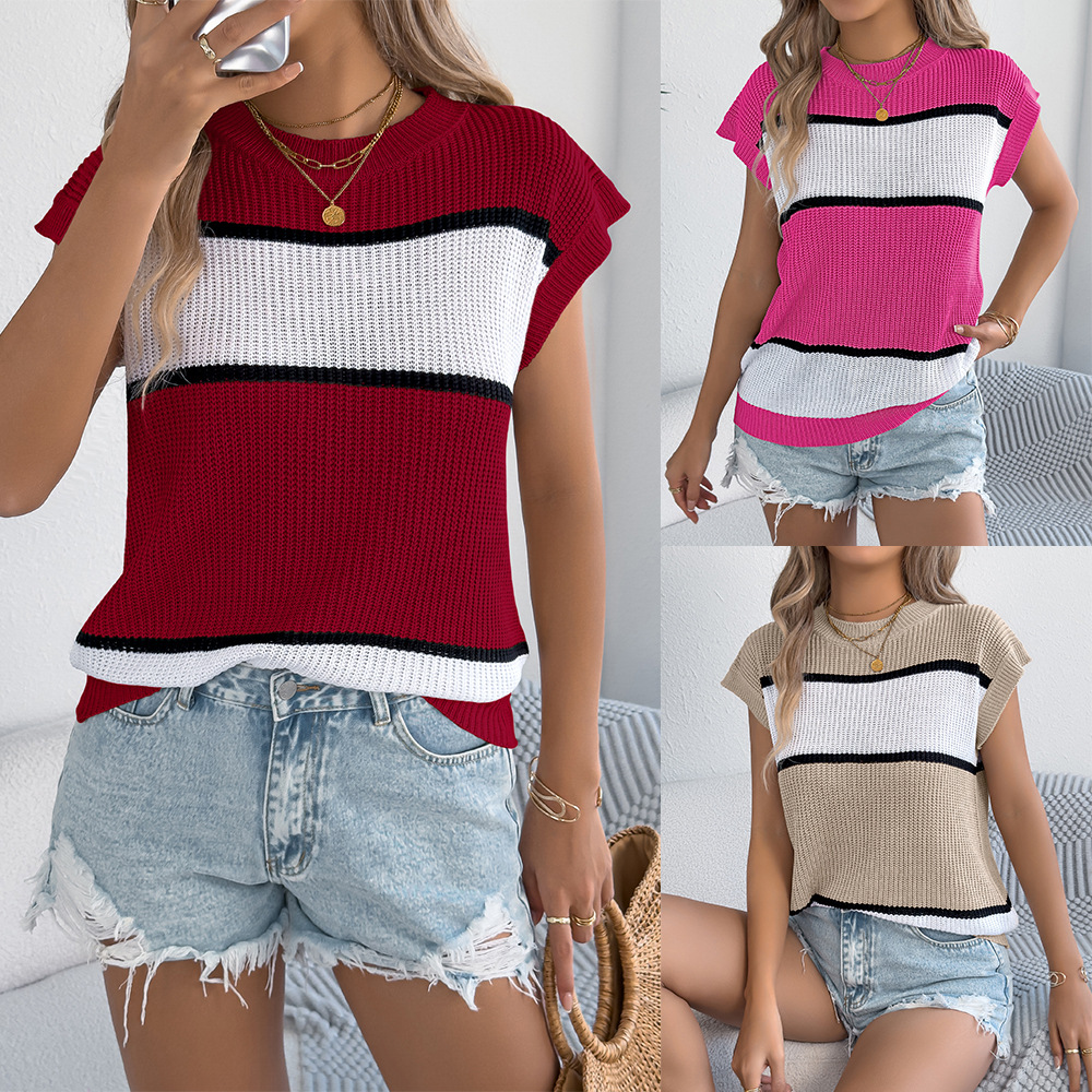 SpringSummer Contrasting-Color Striped Casual Loose Knit Sweater