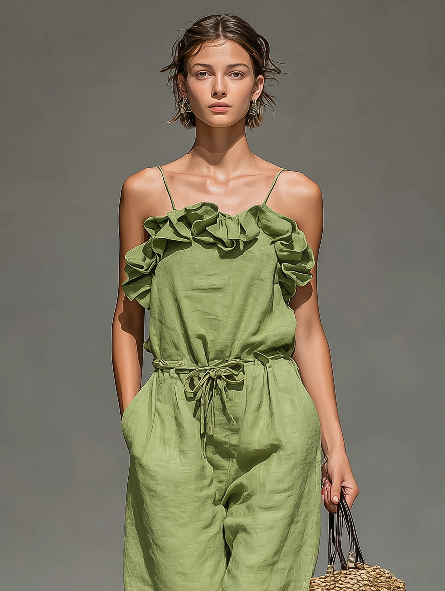 Women's Ruffled Jumpsuit – Off-Shoulder and Ruffle Detail Close-Up