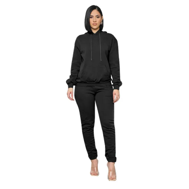 European And American Pure Color Stickers Bags Hoodie With Drawstrings Long Sleeve Sweaters Women's Clothing Ankle tied Trousers Fashion Casual Set... Black - Shop at LoveMi