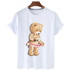 Summer Casual Funny Bear Print Round Neck Loose Short Sleeves T-shirt Ins Trend - White - View 1
