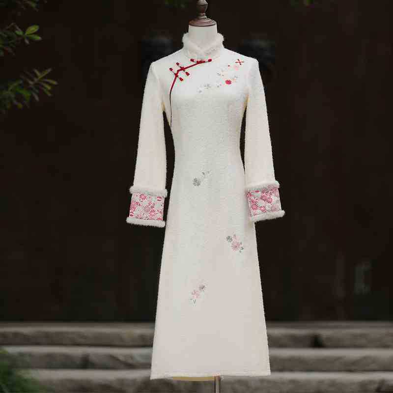 Women's Fashion Thickened Fleece lined Cheongsam Dress White - Shop at LoveMi