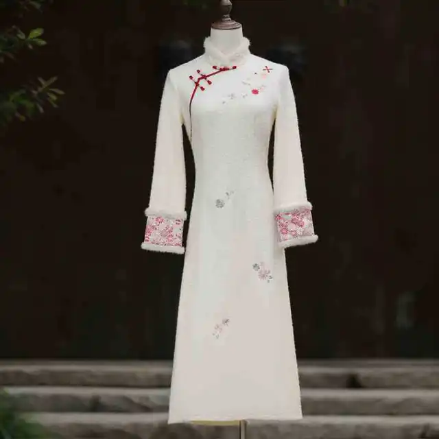 Women's Fashion Thickened Fleece lined Cheongsam Dress White - Shop at LoveMi