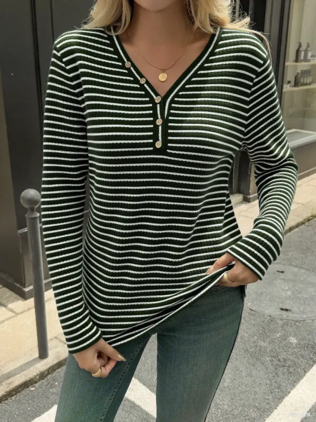 Pineapple Plaid Striped V neck Long sleeved T shirt Women's Top Army Green - Shop at LoveMi