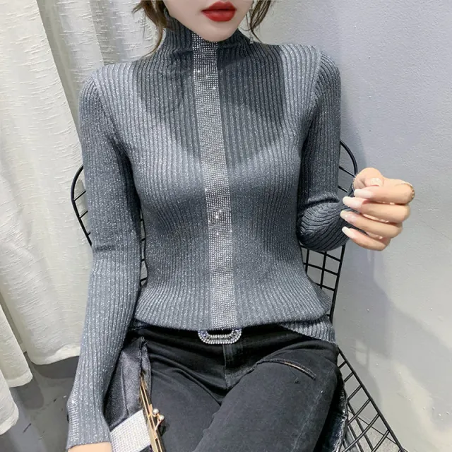 Slim Fitting Diamond Studded Versatile Top With Trendy Long Sleeves Gray - Shop at LoveMi