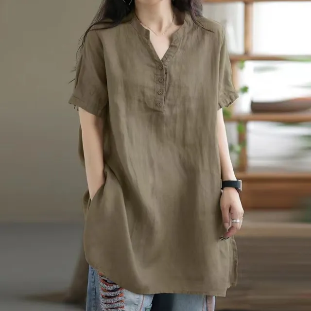 Loose Plump Girls Button Fashion V neck Short Sleeve Solid Color T shirt Khaki - Shop at LoveMi
