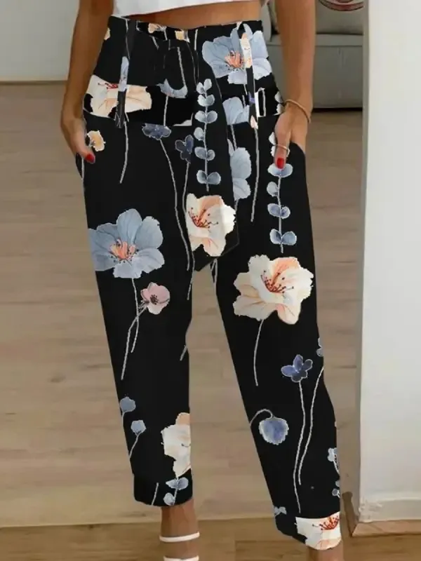 Linen Casual Pants Women's Cropped Pants Black Background With Print - Shop at LoveMi