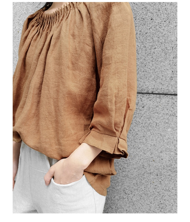 Japanese Loose Plus Size Organ Pleat Design Niche Cotton And Linen T-shirt