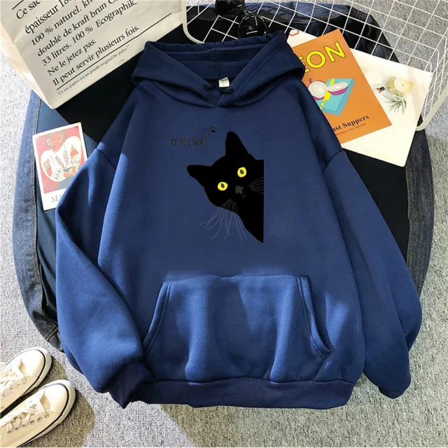 Personalized Black Cat Hooded Sweater Fleece Padded Coat Plus Size Navy Blue - Shop at LoveMi