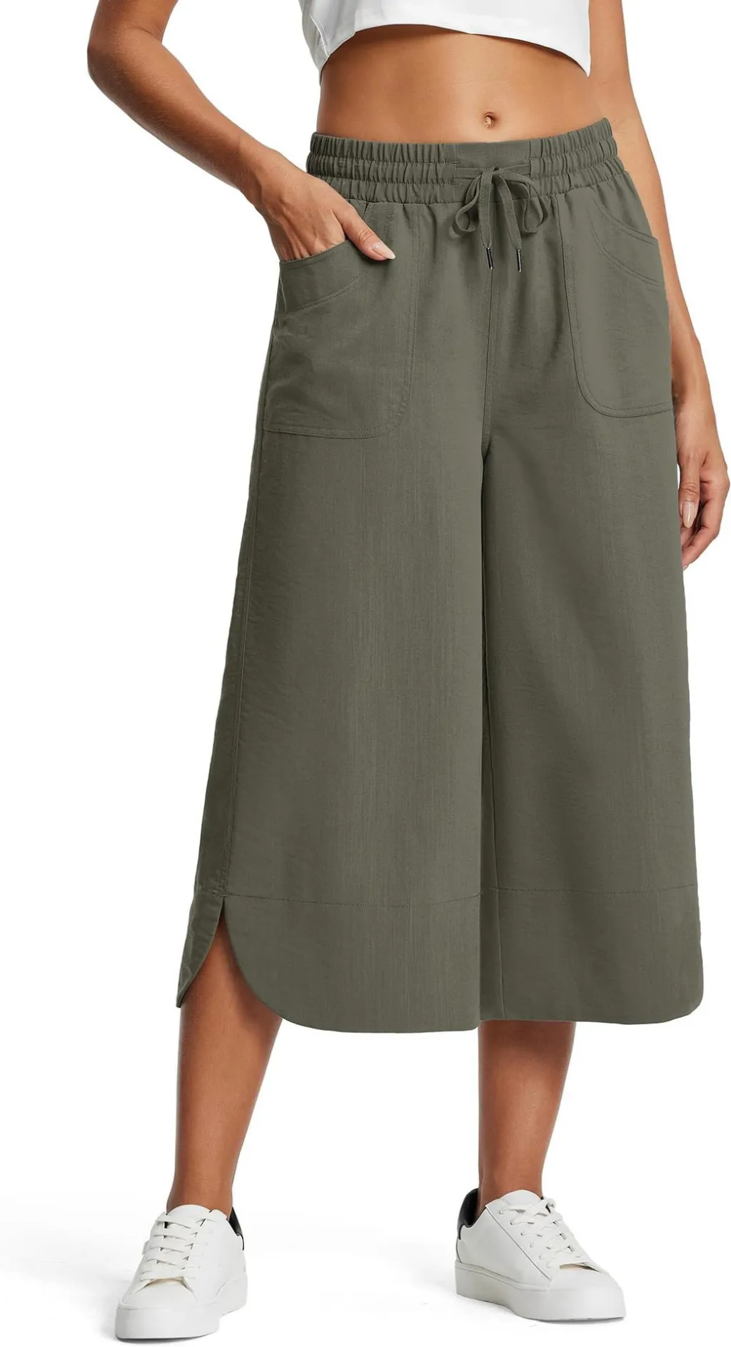 Summer Elastic Waist Solid Color Wide Leg Loose Casual Cropped Pants For Women - Green