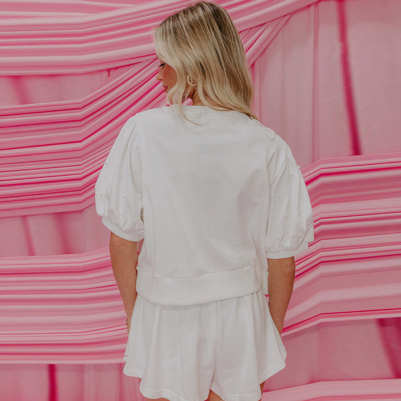 Sweet Style Pearl Stitching Short Sleeve Two-piece Set