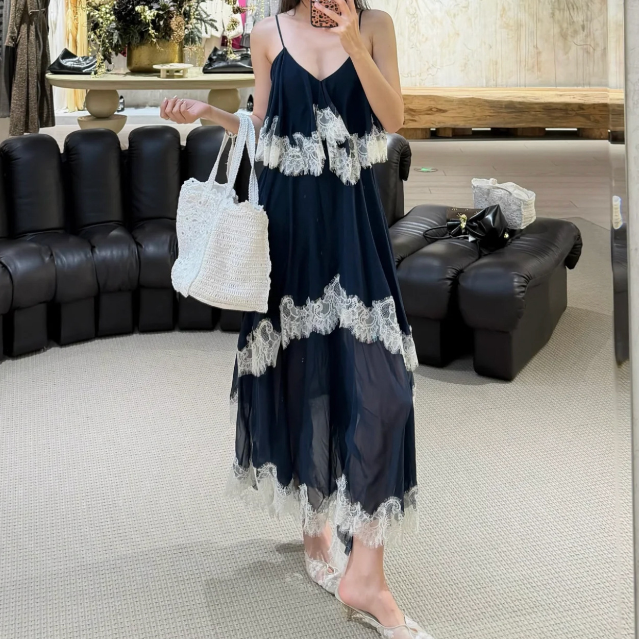 Lace-Panelled Multi-Layered Camisole Dress